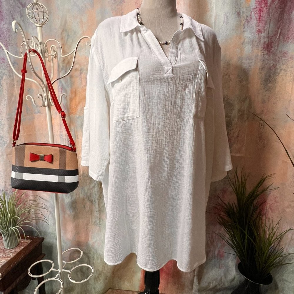 📌Westbound Half-Length Pull Up Sleeves Cotton Blouse with Pockets